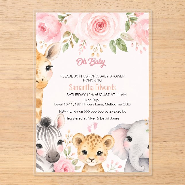 Invitation de Baby Shower Animaux de Safari Floral (Recto)