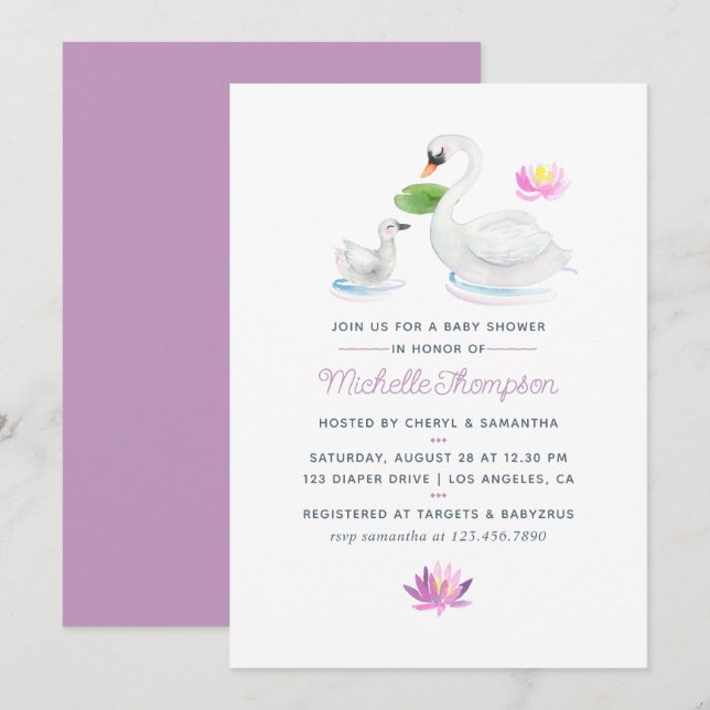 Invitation de baby shower aquarelle cygne (Devant / Derrière)