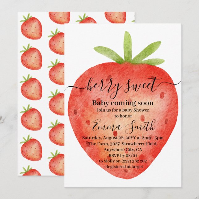 Invitation de baby shower aquarelle fraise douce (Devant / Derrière)