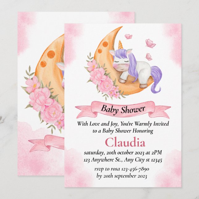 Invitation de baby shower aquarelle licorne endorm (Devant / Derrière)