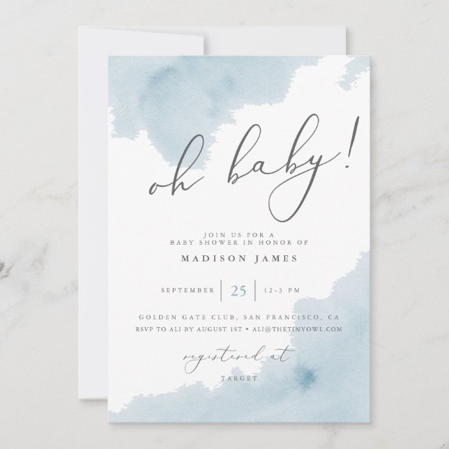 Invitation de Baby Shower aquarelle Oh Bébé Bleu (Devant)