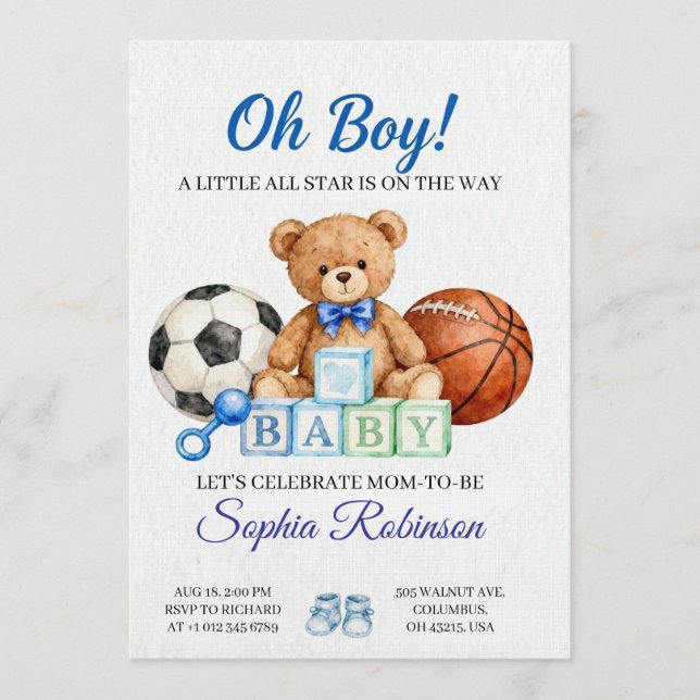 Invitation de baby shower aquarelle "Oh Boy" (Devant)
