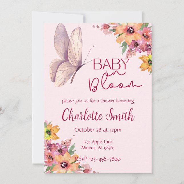 Invitation de baby shower aquarelle rose (Devant)