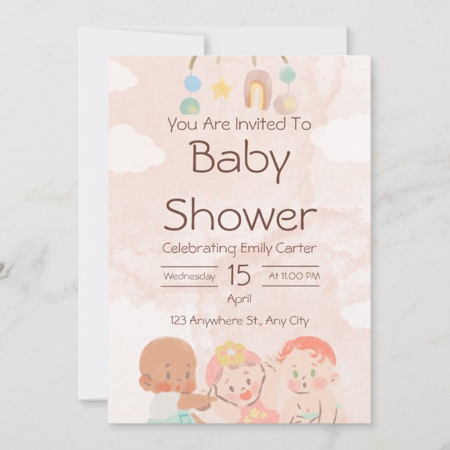 Invitation de baby shower aquarelle rose et marron (Devant)