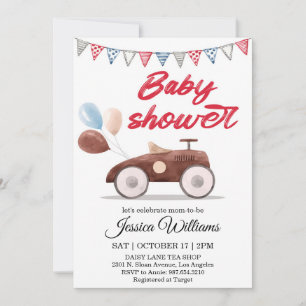 Invitation de baby shower aquarelle voiture vintag