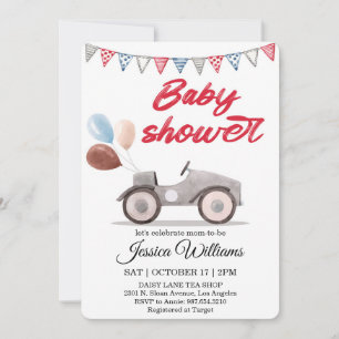 Invitation de baby shower aquarelle voiture vintag