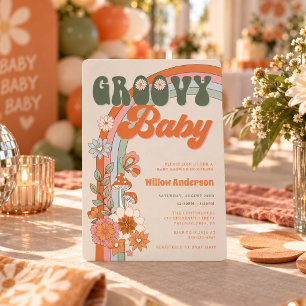 Invitation de Baby Shower Arc-en-Ciel Groovy Rétro