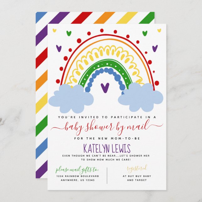 Invitation de Baby Shower Arc-en-Ciel par courrier (Devant / Derrière)