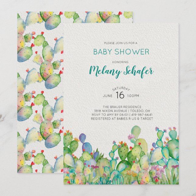 Invitation de Baby Shower au Cactus à l'aquarelle (Devant / Derrière)