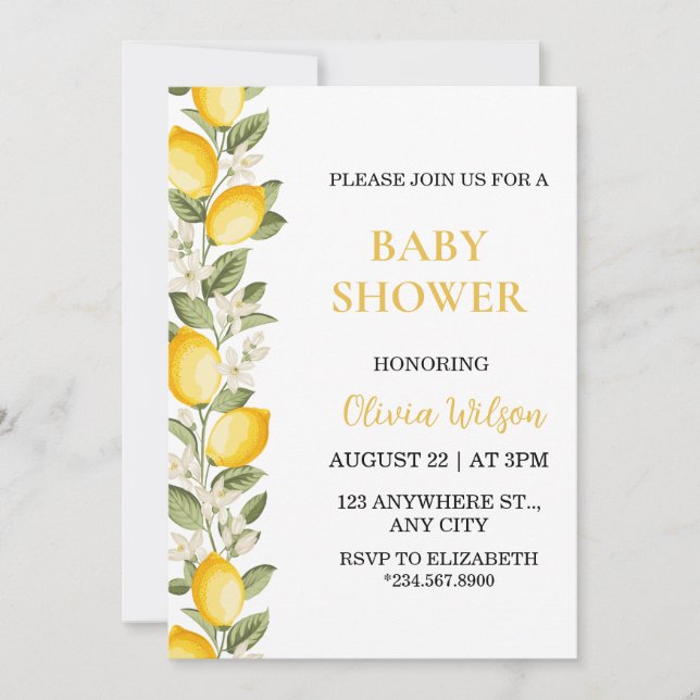 Invitation de baby shower au citron jaune pour béb (Devant)