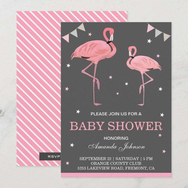 Invitation de Baby Shower au Flamant Rose Mignon (Devant / Derrière)