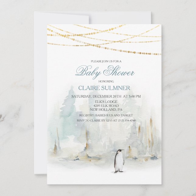 Invitation de baby shower au pingouin d'hiver aqua (Devant)