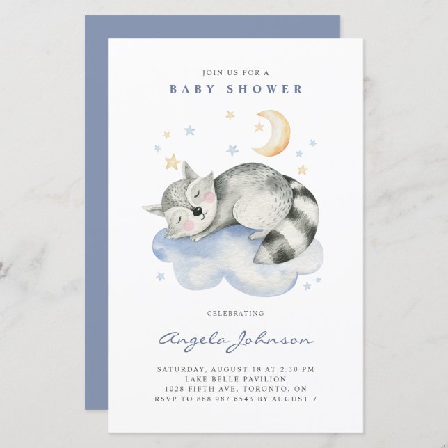 Invitation de Baby Shower au Raton Laveur Dormant  (Devant / Derrière)