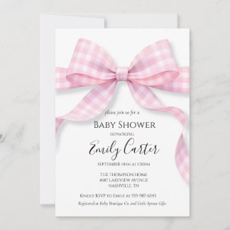 Invitation de baby shower au ruban gingham rose et