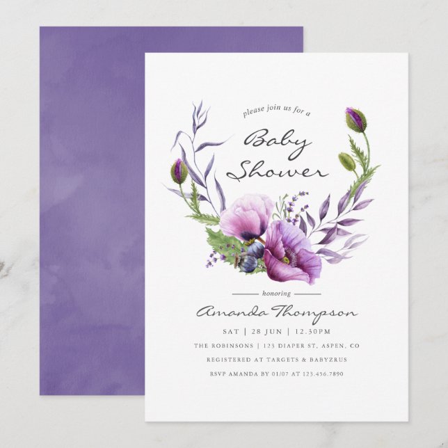 Invitation de baby shower au thème de fleurs de pa (Devant / Derrière)