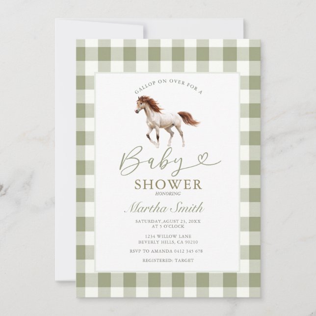 Invitation de Baby Shower au thème de Poney Vert S (Devant)