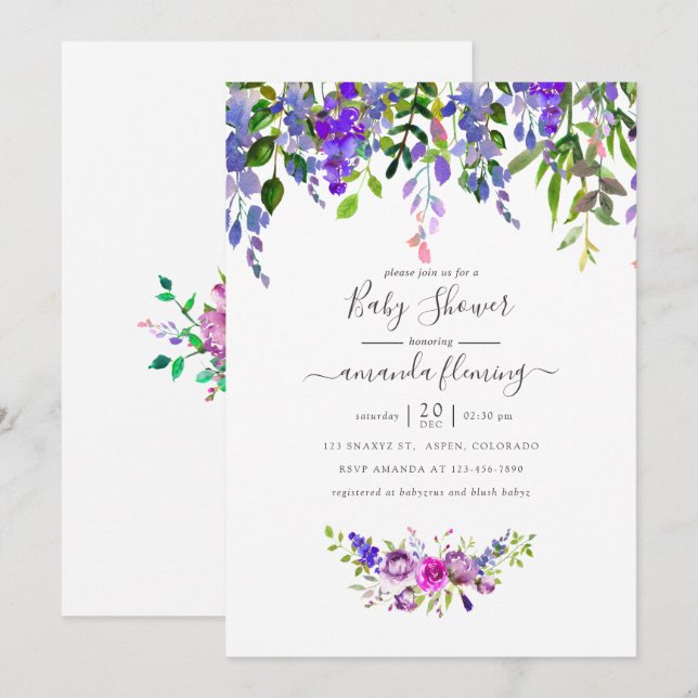 Invitation de baby shower au thème floral violet a (Devant / Derrière)