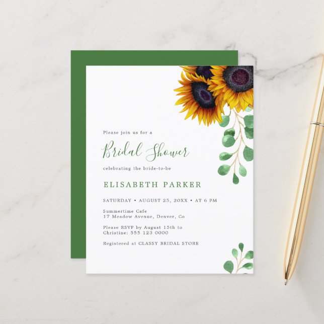 Invitation de baby shower au tournesol eucalyptus  (Devant/Arrière en situation)