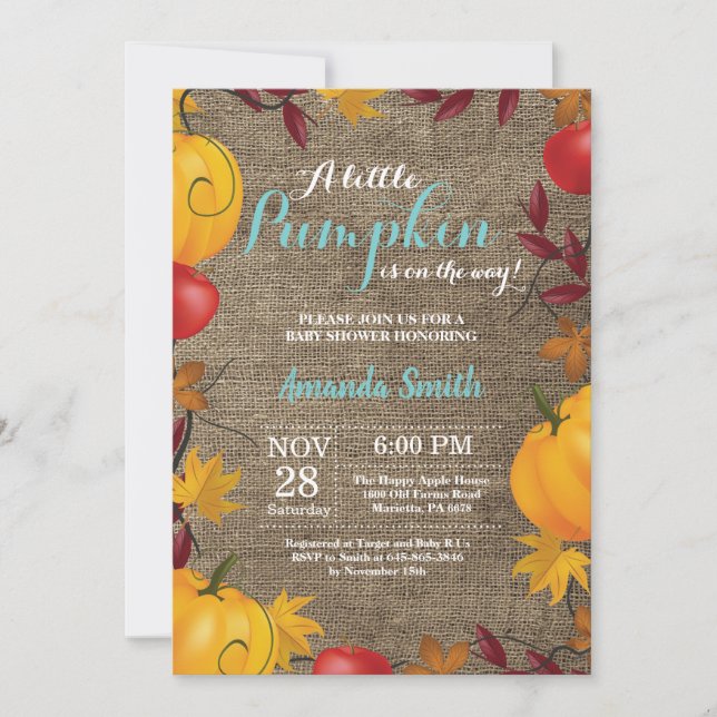 Invitation de baby shower automnal avec citrouille (Devant)