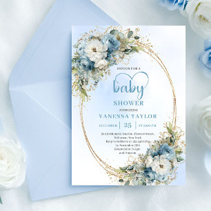 Invitation de baby shower aux fleurs pastel bleu a