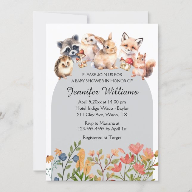 invitation de baby shower avec animaux de la forêt (Devant)