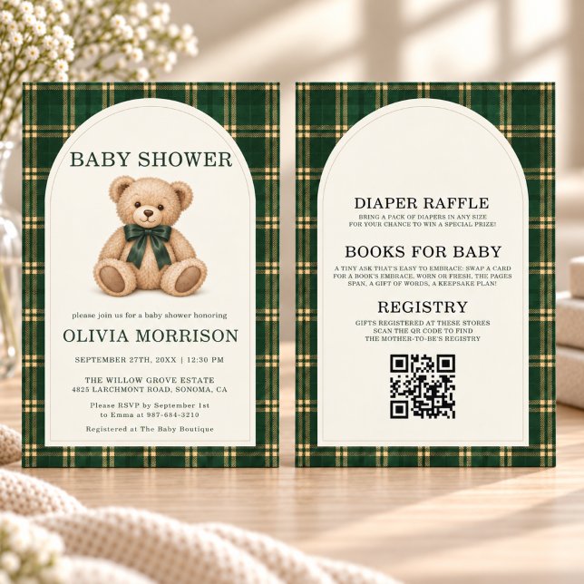 Invitation de baby shower avec code QR Ours à carr (Créateur téléchargé)