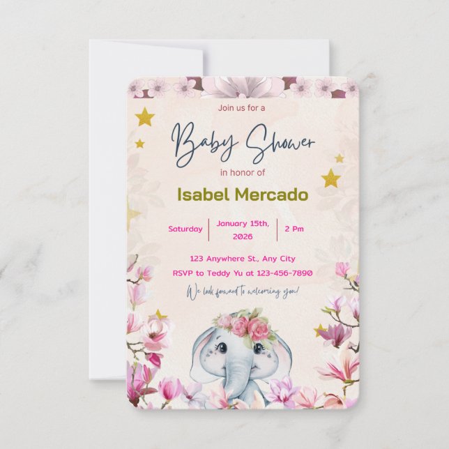 Invitation de Baby Shower avec éléphant floral. (Devant)