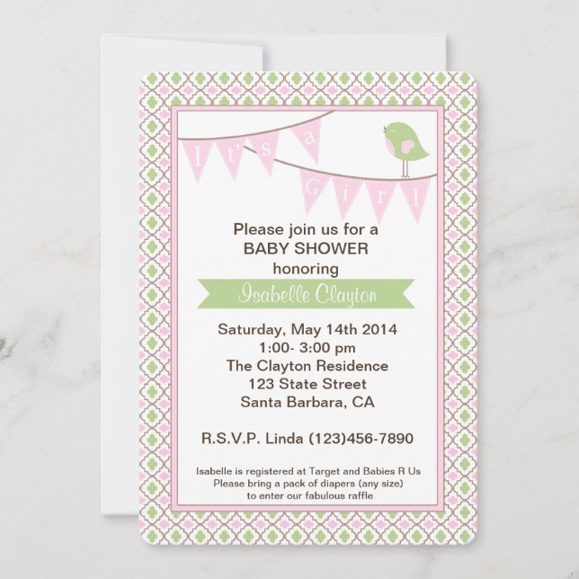 Invitation de baby shower avec la bannière rose (Devant)