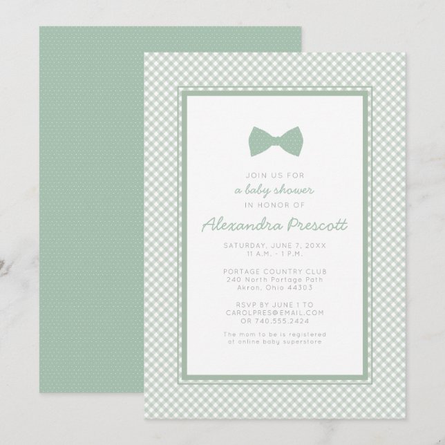 Invitation de baby shower avec noeud papillon vert (Devant / Derrière)