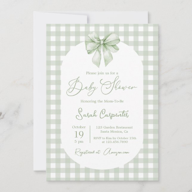 Invitation de baby shower avec ruban vert sauge (Devant)