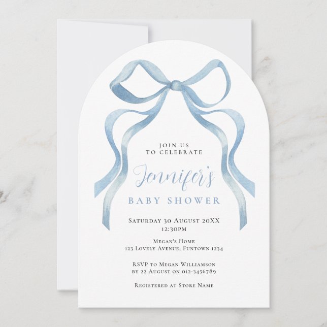 Invitation de baby shower avec un joli nœud bleu (Devant)