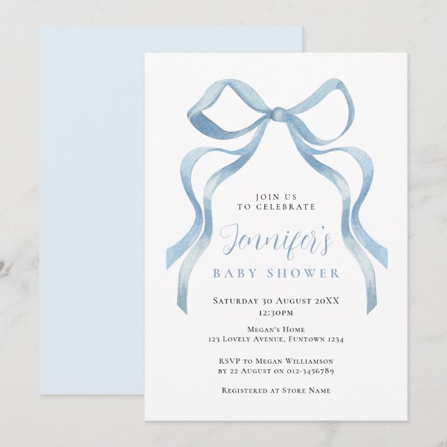 Invitation de baby shower avec un joli nœud bleu (Devant / Derrière)