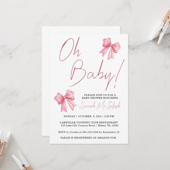 Invitation de Baby Shower avec un Ruban Rose (Devant/Arrière en situation)