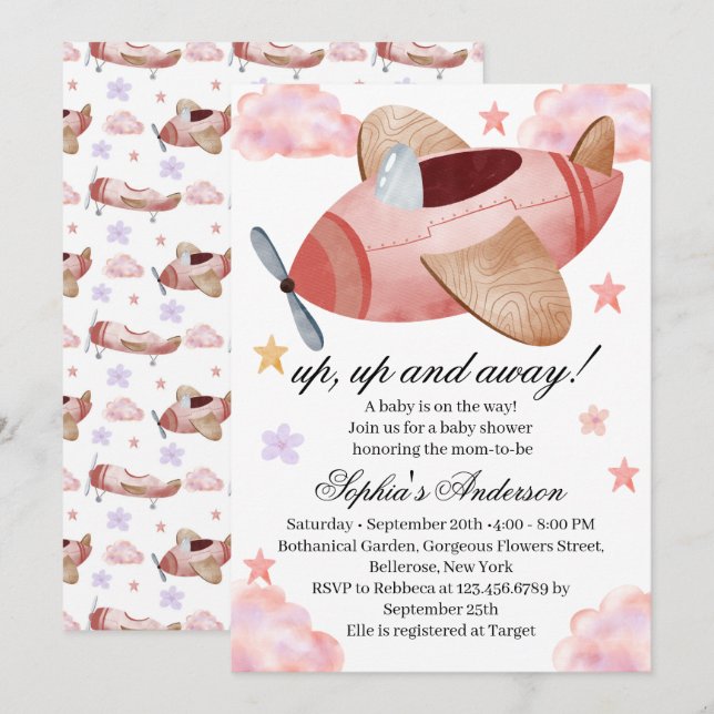 Invitation de Baby Shower Avion Rose Aquarelle (Devant / Derrière)