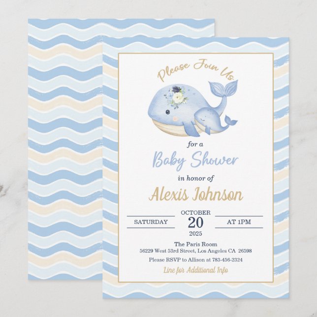 Invitation de Baby Shower Baleine Fond Ondulé (Devant / Derrière)