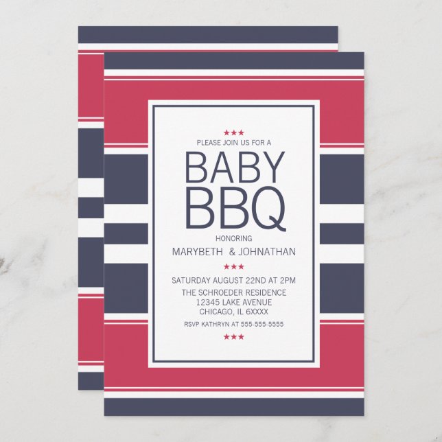 Invitation de Baby shower BBQ Preppy Rouge, Blanc  (Devant / Derrière)