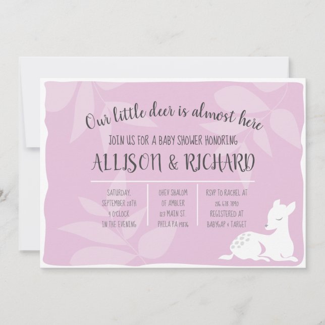 Invitation de Baby Shower BÉBÉ CERF Jardin Rose Ch (Devant)