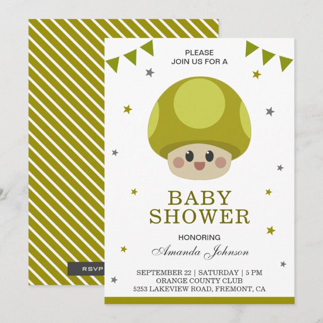 Invitation de baby shower Bébé Champignon Mignon K (Devant / Derrière)