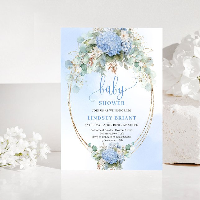 Invitation de Baby Shower Bébé Fleur d'Hydrange Bl (Botanical Boho Blue Hydrangea Baby Shower Invitation)
