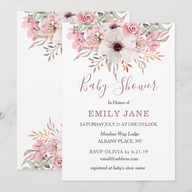 Invitation de baby shower bébé fleurs aquarelle ro (Devant / Derrière)