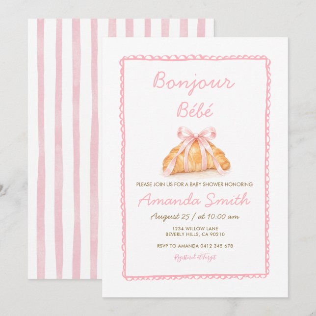 Invitation de Baby Shower Bébé Rose et Croissant F (Devant / Derrière)