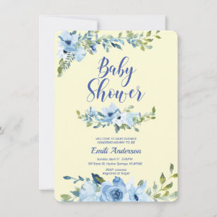 Invitation de baby shower bleu et jaune poussiéreu