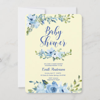 Invitation de baby shower bleu et jaune poussiéreu