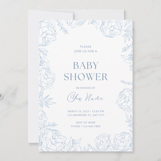 Invitation de Baby shower bleu mou (Devant)