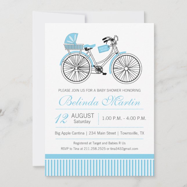 Invitation de Baby Shower Bleue avec Bicyclette (Devant)