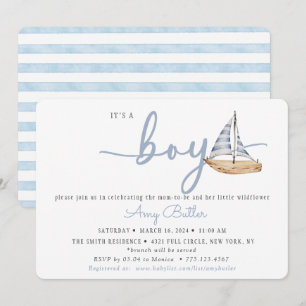 Invitation de Baby Shower Bleue avec Voilier & Ray