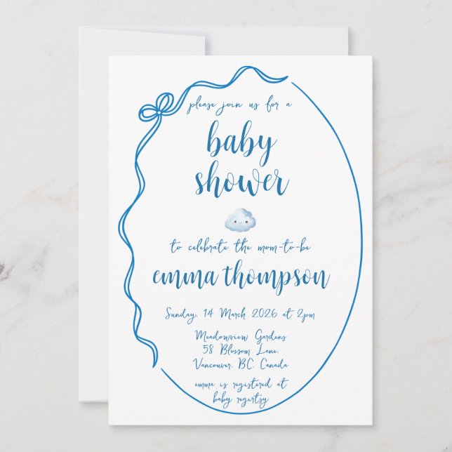 Invitation de baby shower bleue dessinée à la main (Devant)