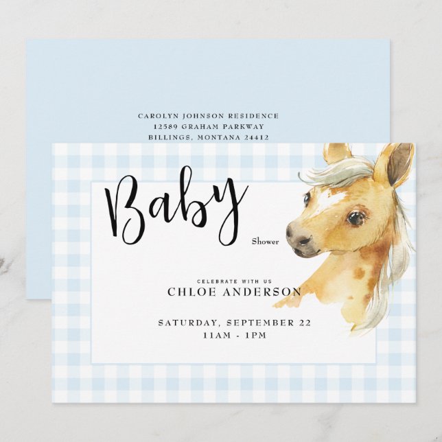 Invitation de Baby shower Blue En vichy Pony (Devant / Derrière)