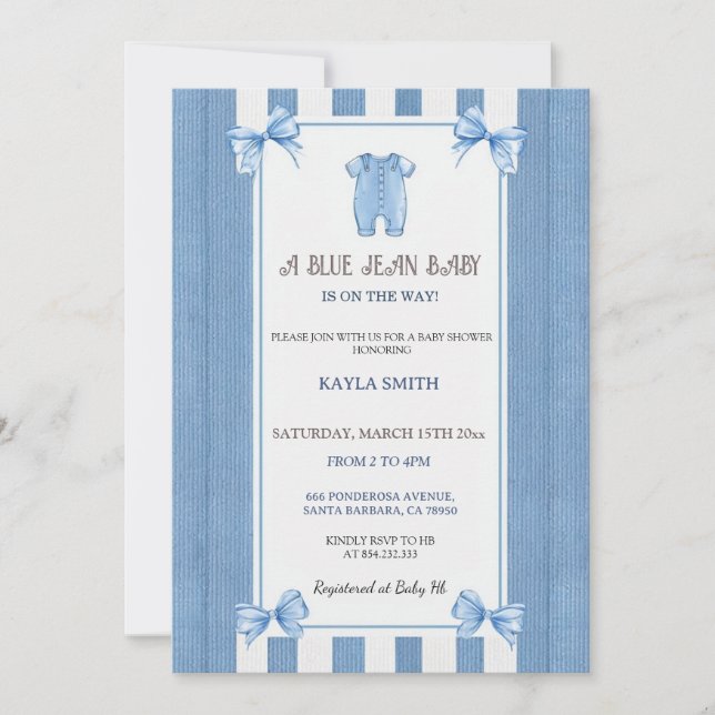 Invitation de Baby Shower Blue Jean | Bébé garçon  (Devant)