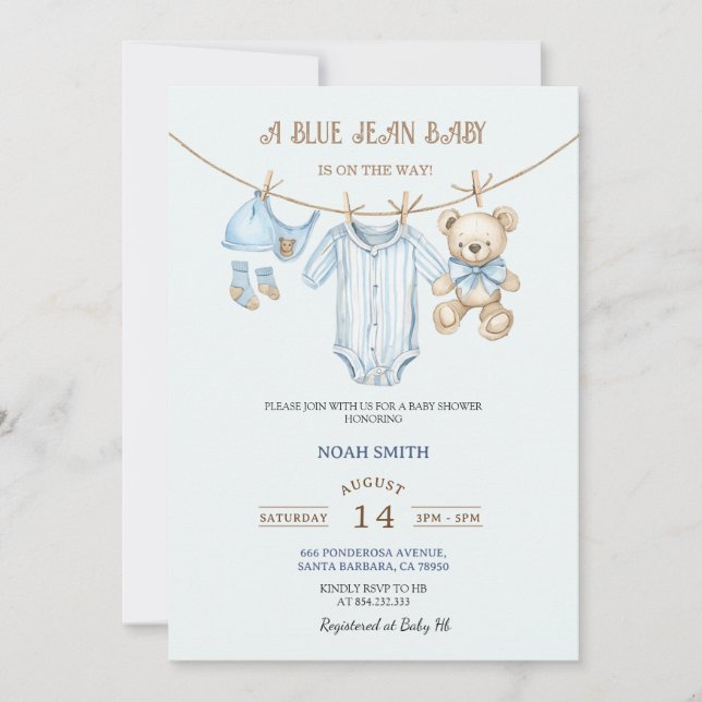 Invitation de Baby Shower Blue Jean | Teddy Bear & (Devant)